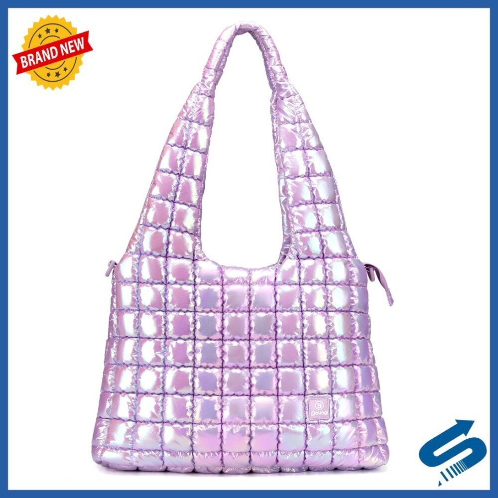 Large Quilted Puffer Tote Bag, Nylon, Multi-Pocket, Shoulder Strap, Lightweight